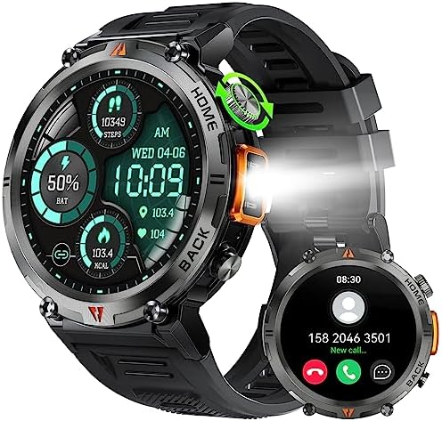 Military Smart Watch for Men (Call Receive/Dial) with LED Flashlight, 1.45″ HD Outdoor Tactical Rugged Smartwatch, Sports Fitness Tracker Watch with Heart Rate Sleep Monitor for iPhone Android Phone